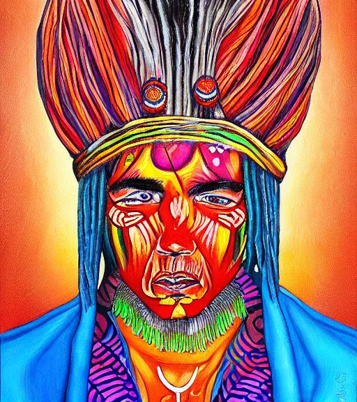 Image similar to Portrait painting in a style of Alex Grey of a shaman dressed in a colorful traditional clothes.