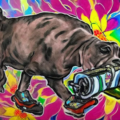 Image similar to brindle pitbull playing roller derby with skates happy surrounded by flowers tattoo style. painting. impressionist. big paint strokes. colorful.