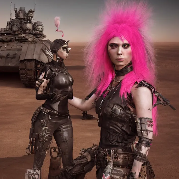 Image similar to realistic beautiful apocalyptic woman with pink Mohawk, standing on mad max panzer tank, 4k ultra hd, fantasy dark art, tank girl, artstation, octane render