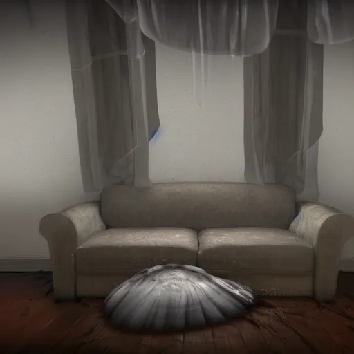 Image similar to a whole bunch of jellyfish smeared on the sofa in the living room, realistic, hdr, clear image, hdd, dynamic lighting, rtx on,