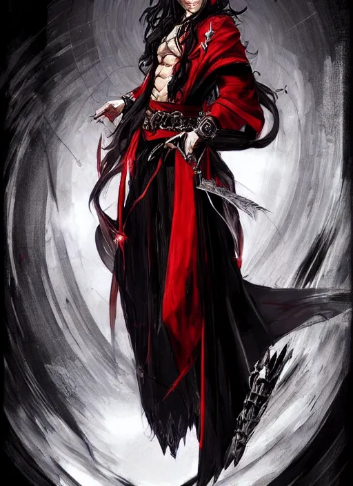 Image similar to Half body portrait of a handsome elf fire mage with long black hair wearing ornate scarlet robe, fire magic. In style of Yoji Shinkawa and Hyung-tae Kim, trending on ArtStation, dark fantasy, great composition, concept art, highly detailed, dynamic pose.