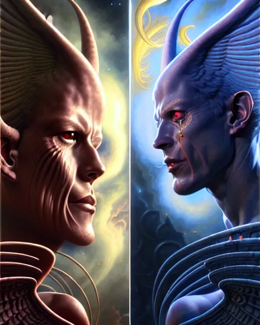 Image similar to a portrait of gemini angel and devil fantasy character portrait facing each other, ultra realistic, wide angle, intricate details, the fifth element artifacts, highly detailed by peter mohrbacher, hajime sorayama, wayne barlowe, boris vallejo, aaron horkey, gaston bussiere, craig mullins