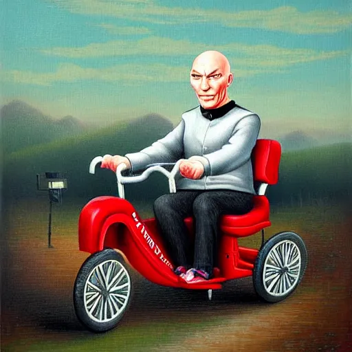 Image similar to Captain Picard on a tricycle, lowbrow painting by Mark Ryden