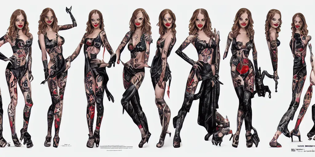 Image similar to halston sage as a tattooed pinup, character sheet, concept design, contrast, hot toys, kim jung gi, greg rutkowski, zabrocki, karlkka, jayison devadas, trending on artstation, 8 k, ultra wide angle, pincushion lens effect