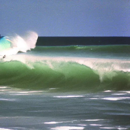 Prompt: surfer on white surfboard riding large wave in ocean, a digital rendering by thornton oakley, featured on flickr, superflat, photo taken with provia, photo taken with fujifilm superia, provia