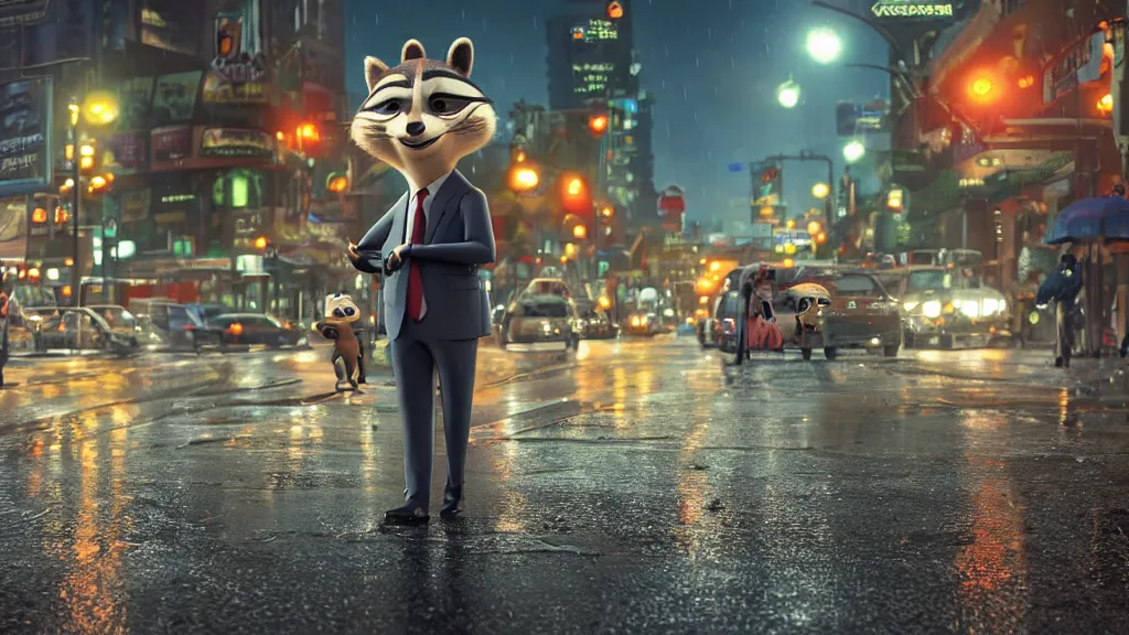 Image similar to An anthropomorphic raccoon businessman is walking down a busy crosswalk at in the rain at night, warm lighting with an orange glow blanketing the cityscape from the city lights, zootopia, other anthropomorphic characters are walking by him, extremely detailed, HDR, sideview, solemn and moody, many cars and animal people in the background, detailed face and eyes, large and detailed eyes with visible pupils, the road is wet with many rain puddles, reflections from the water on the ground