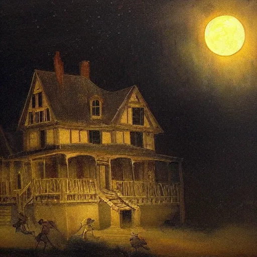 Prompt: a painting of a haunted house with bats flying against a full moon in the style of rembrandt