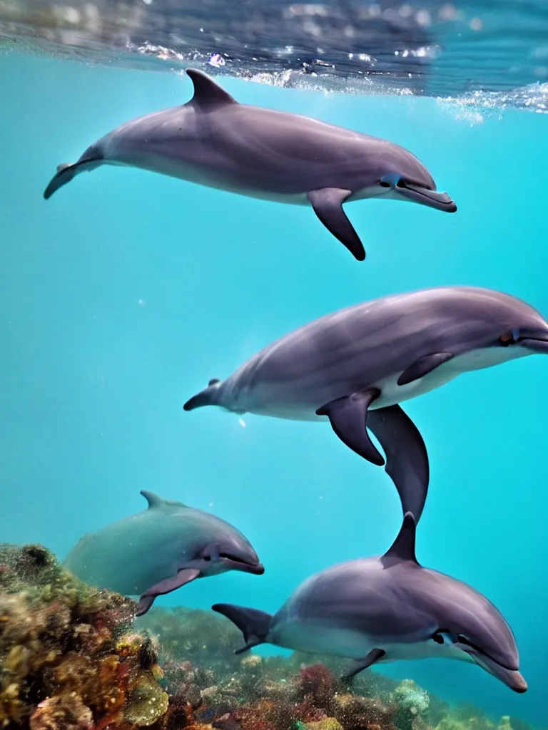 Image similar to a dolphin pod underwater, award-winning-photograph, beautiful daylight, crystal-clear-focus, sharp-lens, amazing photography