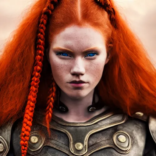 Prompt: north female warrior, red hair, ginger hair, fantasy, high detailed, photography, cloudy, lightweight leather armour, Scandinavia, plain, detailed face, cute face, model, glowing skin, two large braids, serious face professional photographer, masterpiece, 8k, 3D