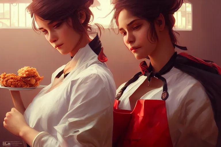 Image similar to kfc chicken, portrait, elegant, intricate, digital painting, artstation, concept art, smooth, sharp focus, illustration, art by artgerm and greg rutkowski and alphonse mucha