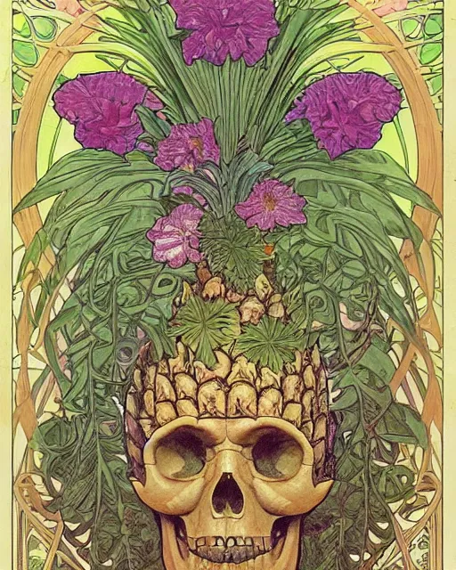 Image similar to a poster of a Carved ancient skull with pineapple leaves growing out of the top art surrounded by varities of flowers, cell shading, voronoi, fibonacci sequence, sacred geometry by Alphonse Mucha, Moebius, hiroshi yoshida, Art Nouveau, colorful, ultradetailed, vivid colour, 3d