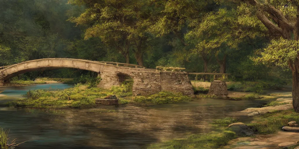 Prompt: A beautiful landscape with a river and a bridge, serene, peaceful, nature, outdoors, scenery, background, idyllic, beautiful, majestic, detailed, photorealistic, 4k, digital painting, concept art, artstation, by Heraldo Ortega