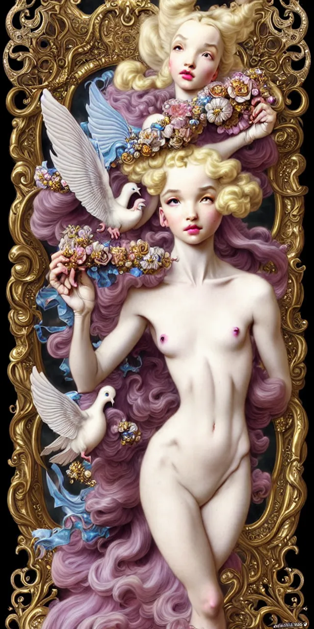 Image similar to beautiful dove cameron baroque rococo fantasy character portrait, ultra realistic, intricate details, the fifth element artifacts, highly detailed by peter mohrbacher, hajime sorayama, wayne barlowe, boris vallejo, aaron horkey, gaston bussiere, craig mullins alphonse mucha, rococo curves swirls and spirals, flowers pearls beads crystals jewelry goldchains scattered