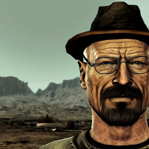 Prompt: Walter White in Fallout New Vegas, videogame screenshot