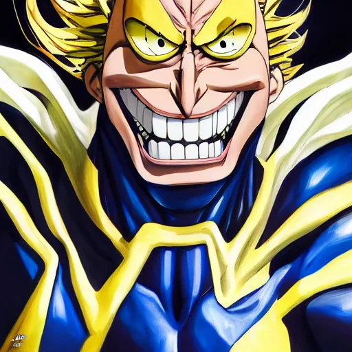 Image similar to an oil painting of a all might from my hero academia by artgerm, hero costume, middle ages, hd, hdr, ue 5, ue 6, unreal engine 5, third dimensional, 3 d, disney quality cinematic 4 k wallpaper, 8 k, ultra detailed, gta 5 cover art, comic book black shading, high resolution, artstation, award winning