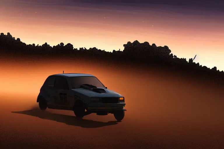 Prompt: far away rally car on the dirt road silhouette, extremely detailed digital art, sunset, gradient photorealistic, 8k