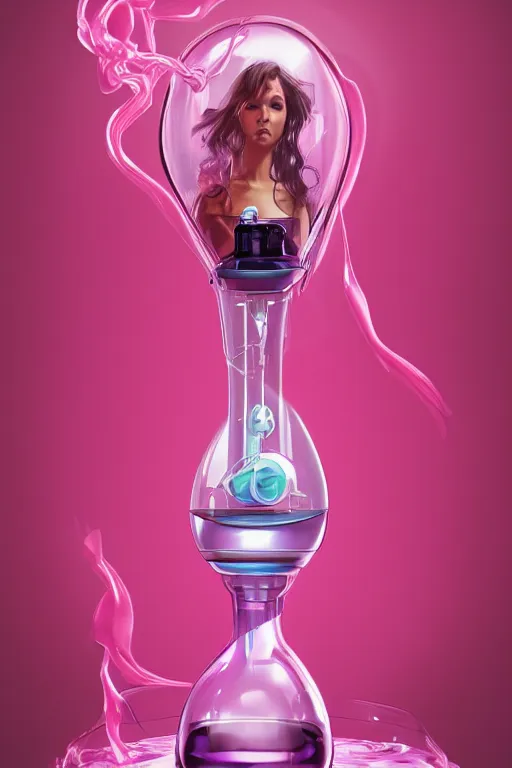 Image similar to Pink Vapor Inhalation Machine Connected to a Spherical Bottle of Pink Liquid by a Tube, Pink Vapor Leaking from an Oxygen Mask, beautiful woman, fantasy, magic, ultra detailed, digital art, trending on artstation, illustration, medical laboratory