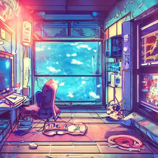 Prompt: anime background of the interior of an underwater makeshift bedroom created hastily inside a small containment unit, a loft bed, book case, computer desk, various coral seashells overtaking it, nostalgia, vaporwave, litter, steampunk, cyberpunk, water caustics, anime, vhs distortion, dynamic shot, cinematic, letterbox, art created by miyazaki