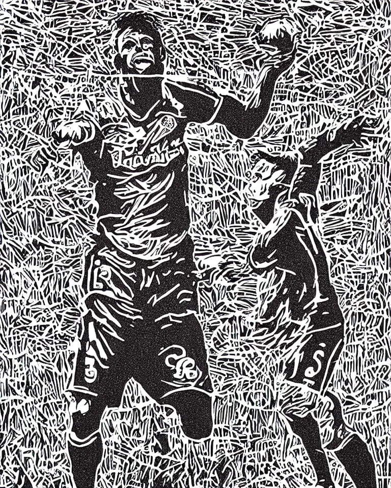 Image similar to a detailed lifelike linocut engraving of zico flamengo