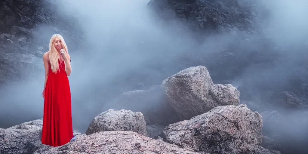 Prompt: a blonde teenage girl in a floor length red dress stands amidst a rocky landscape lit by an eerie blue light surrounded by mist