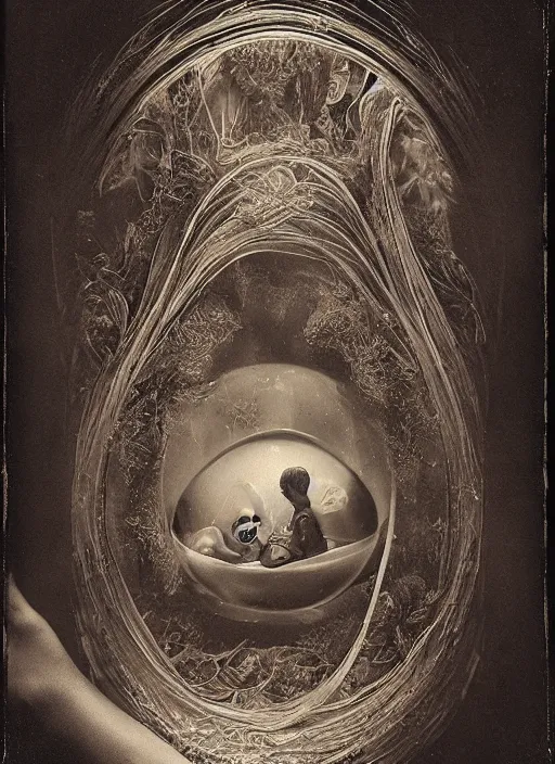 Image similar to old wetplate daguerreotype birth of artificial futuristic embryo life, fractal, intricate, elegant, highly detailed, parallax, leica, medium format, subsurface scattering, by jheronimus bosch and greg rutkowski and louis jacques mande daguerre