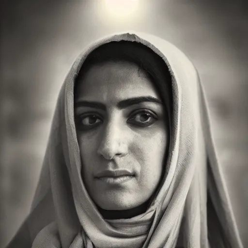 Image similar to a character portrait photo of an iranian woman, wide shot, hopeful, photojournalism, war photography, adobe, canon, nikon, flickr contest winner, neo-expressionism, art photography, industrial background, hyperrealism, chiaroscuro, anamorphic lens flare, elegant, shallow depth of field, haze, volumetric lighting, photo taken with provia, 24mm, f1.8, by Filip Hodas, by Andrew Domachowski