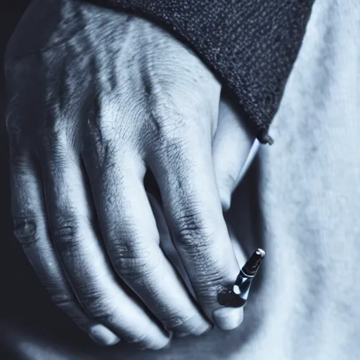 Image similar to normal male hand with five fingers ring and cigarette between middle and index fingers