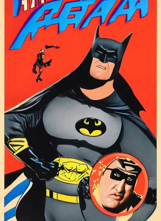 Prompt: an 8 0's john alvin superhero movie poster starring steven seagal face as fat batman movie is called fat bat man, cinematic