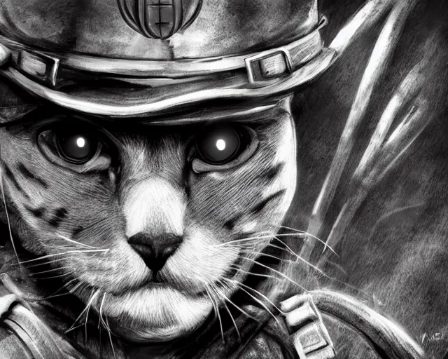 Image similar to A cat wearing soldier uniform in a world war 1 trench, close-up, black and white, amazing digital art, hyper detailed, artstation, in the style of Tony Sart