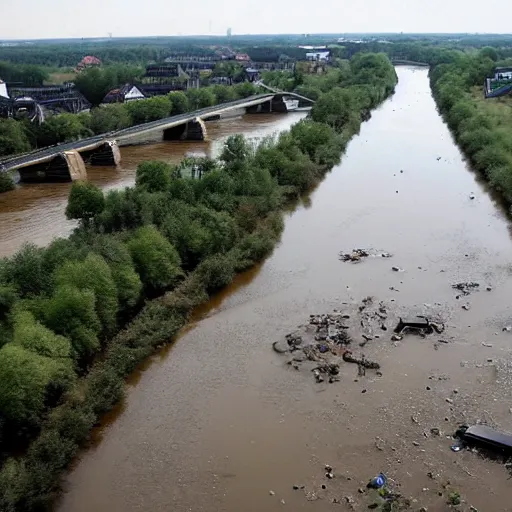 Image similar to odra river filled with toxic waste, decaying bodies of animals and dead, poisoned flora, high quality, informative press report photo 1 / 8 f