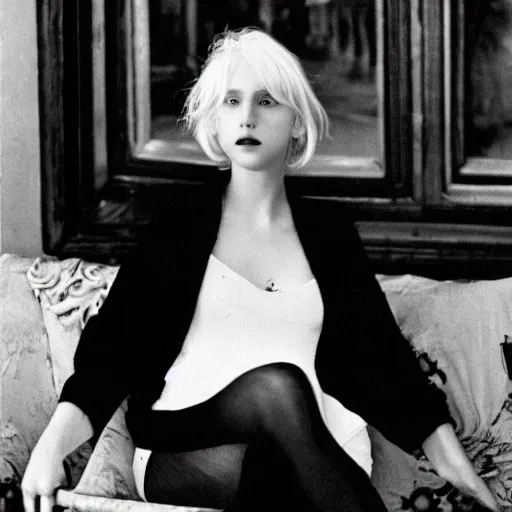 Image similar to 19-year-old Aristocratic platinum-blonde-haired hime-cut blue-eyed French empress wearing white leggings and black jacket, sitting in French apartment, communist city, futuristic city