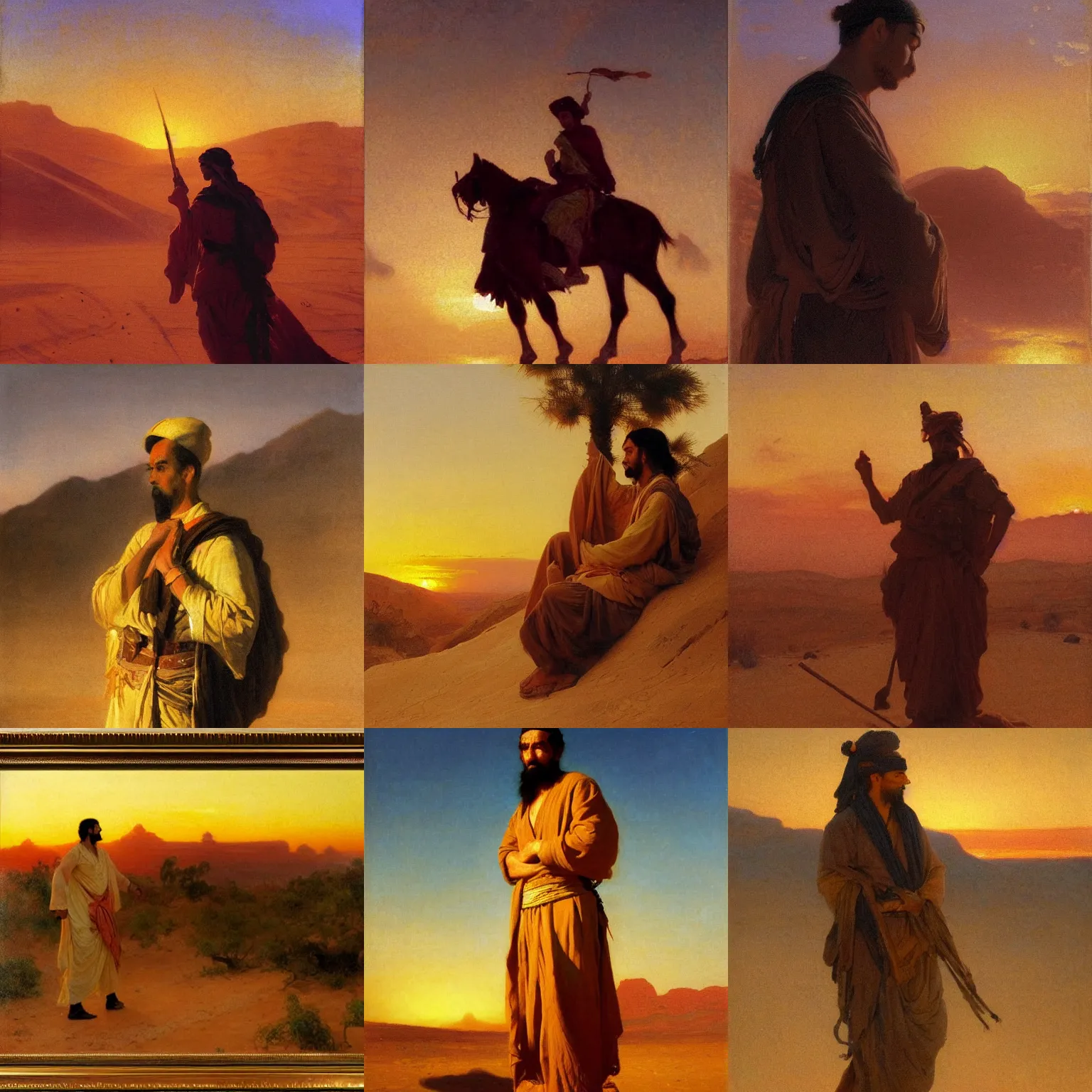 Prompt: orientalism painting of a hero silhouetted by a desert sunset by theodore ralli and nasreddine dinet and anders zorn and nikolay makovsky and edwin longsden long, oil on canvas, masterful intricate artwork, excellent lighting, high detail 8 k