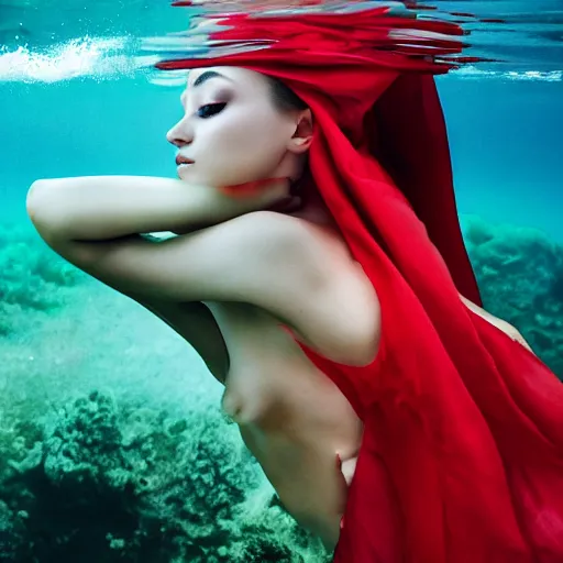 Image similar to beautiful portrait of fashion model in red silk underwater