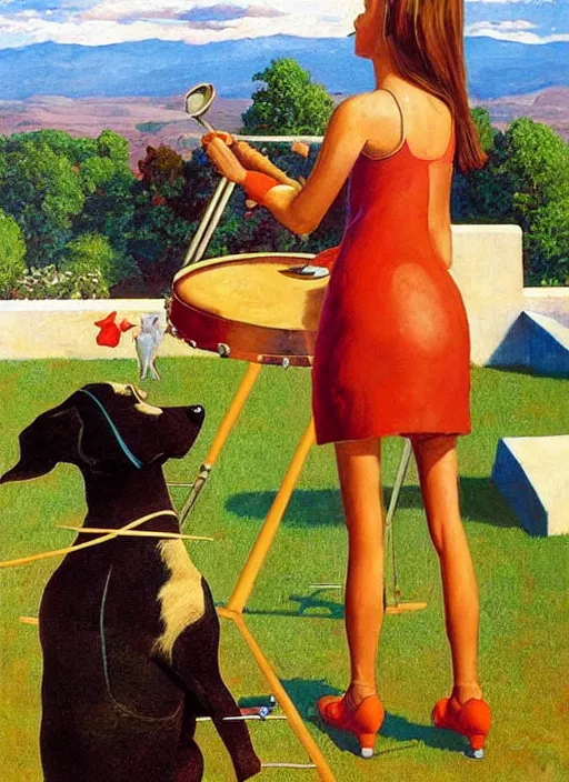 Prompt: dog playing drums, looking at a girl, large scale painting by robert mccall and vladimir kush