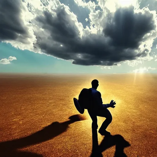 Image similar to drama photo of a man in a buisness suit skydiving, from the view of someone on the ground, beautiful dramatic clouds illuminated by the sun in the style of craig mullins