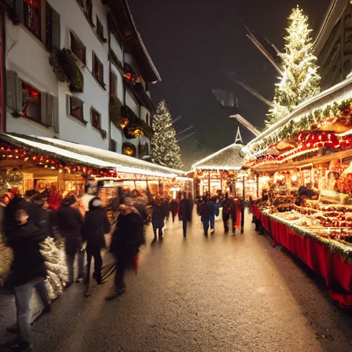 Prompt: a christmas market in switzerland by james gilleard and liam wong and jeremy mann, extra wide angle