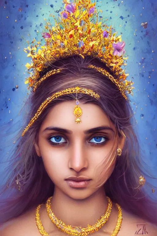 Image similar to a pale Indian girl with golden hair, floral crown, sad blue eyes, cinematic lighting, ultra detailed, highly detailed, sharp focus, golden background with flowers, golden jewellery with blue sapphires, photographic, art by artgerm and greg rutkowski and zdislav beksinski