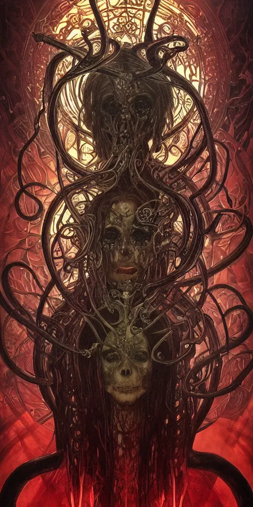 Image similar to intense glowing angry pagan god with tentacles and horns and intense pure black eyes and a blood skull in very dark chrome metal cathedral by karol bak and alphonse mucha and beksinski, portrait, fantasy, clear, light beams, lens flare, intense, uhd, amazing depth, cinematic lighting, shining chrome and black and red