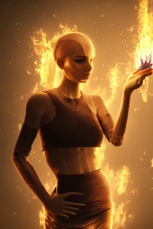 Image similar to young blond woman playing with fire in the palm of her hand, cyberpunk, realistic, high definition, many details, dramatic scene, symmetrical face, realistic eyes, unreal engine art 5