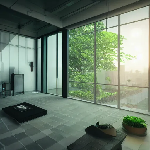 Image similar to a modern indoor room, clean architecture, some shreks, peaceful, 8K octane render