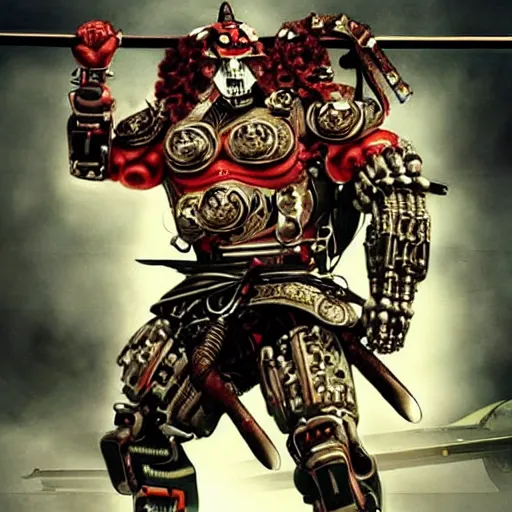 Image similar to very buff very huge very muscolar excessively big buff samurai wearing a scary Oni mask. Cybernetic cyber cybernetic cyber cyberpunk. Sci-fi movie still