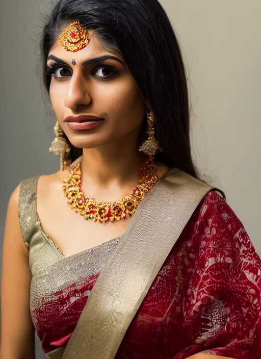 Prompt: portrait of mia khalifa wearing saree, by charlotte grimm, natural light, detailed face, canon eos c 3 0 0, ƒ 1. 8, 3 5 mm, 8 k, medium - format print, full body shot