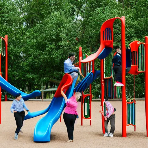 Prompt: corporate employees having fun in a playground.