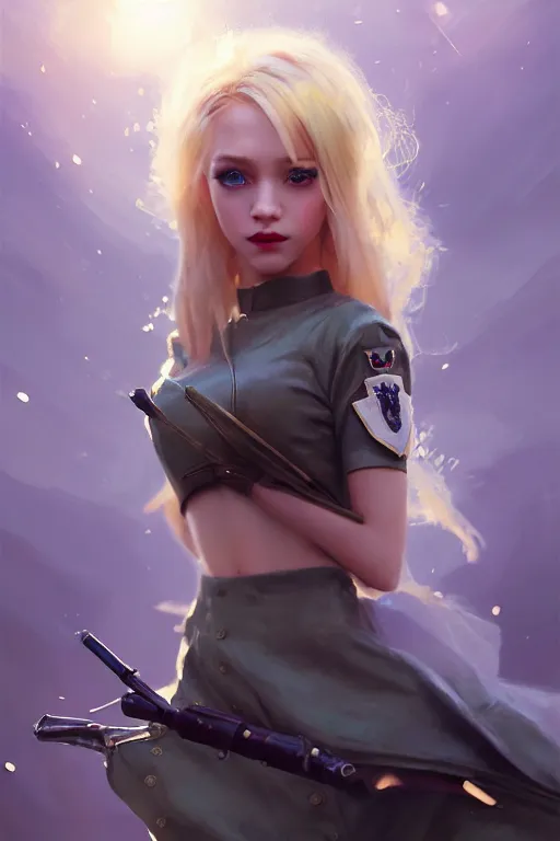 Image similar to cinematic shot of an epic portrait of a cute blonde fairy dressed in military clothes, stylised military clothes, shiny skin, beautiful eyes, beautiful, small details, night setting, realistic poster with volumetric light from craig mallism, artgerm, jeremy lipkin and michael garmash, unreal engine, radiant light, digital art, trends at art station, a masterpiece