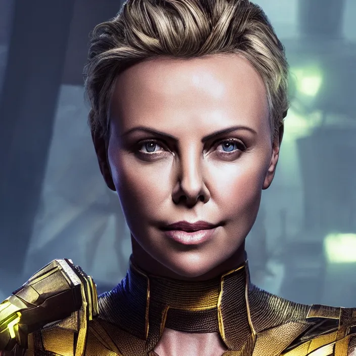 Prompt: portrait of (Charlize Theron), wearing The Infinity Gauntlet. (((infinity stones))) intricate artwork. octane render, trending on artstation, very coherent symmetrical artwork. avengers. thanos. cinematic, hyper realism, high detail, octane render, 8k, iridescent accents