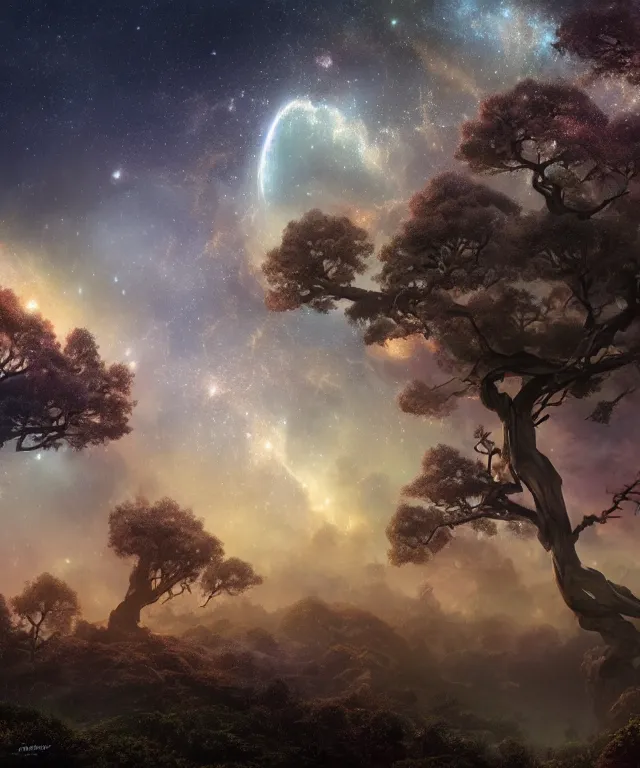 Image similar to a beautiful dreamlike terrain with large twisting trees and the nebula peeking through the sky, digital matte painting by yucong tang