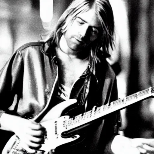 Prompt: kurt cobain playing on his fender electric guitar around big night city, 1 9 9 7, old film photo