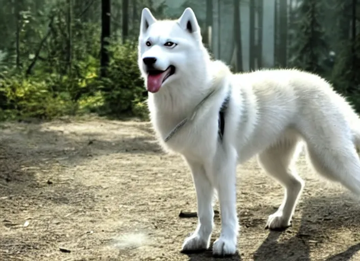 Image similar to film still of an anthropomorphic white vested husky!!!!!! in a white vest wearing a white vest!!!!! in the new sci - fi movie, 8 k