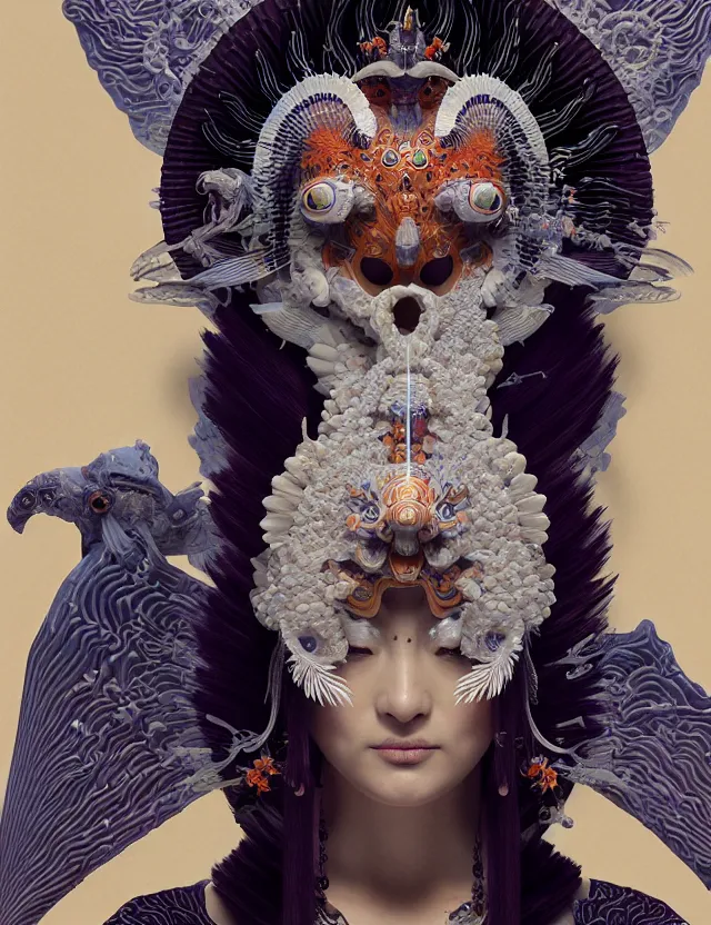 Image similar to 3 d goddess close - up 3 / 4 portrait with ram skull. beautiful intricately detailed japanese crow kitsune mask and clasical japanese kimono. betta fish, jellyfish phoenix, bio luminescent, plasma, ice, water, wind, creature, artwork by tooth wu and wlop and beeple and greg rutkowski