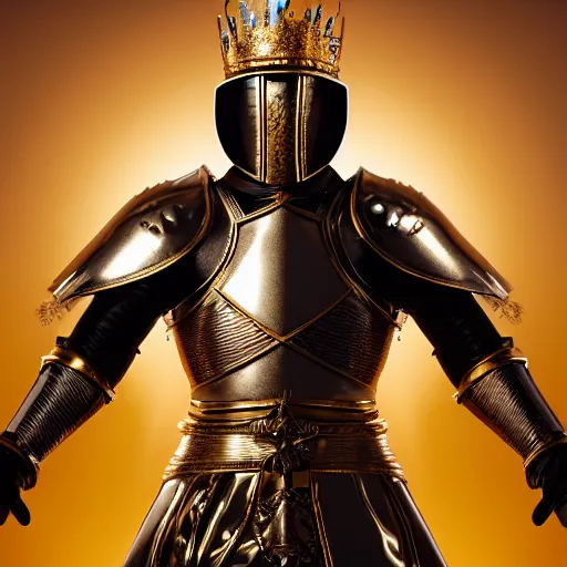 Image similar to a highly detailed knight in a T golden helmet and a golden crown with a blue diamond in the center, golden armor, leather clothes under the armor, leather gloves, holds a black sword, artstation, DeviantArt, professional, octane render, sunset lighting